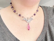 Dark Purple Bat Necklace Dangly Drop Halloween Choker Vampire Goth Fancy Dress