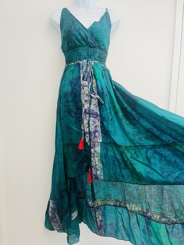 Silk dress long - bohemian, tie