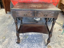 Vintage Antique Brown Wooden Side Hall Table with Drawers & Castors Trolley