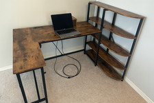 L-Shaped Corner Desk With Storage Shelves Charging Station Rustic Brown Home NEW