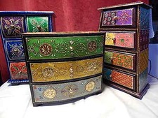 Chest Jewellery Box Indian Spice Chest Painted Wood Storage Colour Brass Inlay