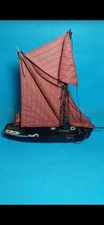 Vintage Sail Ship Model. Wooden Base With Red Fabric Sails. 33cm Tall