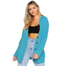 Women Ladies Cable Chunky Knit Cardigan Button Long Sleeves Grandad Cardigan