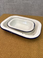 Vintage 1950s Enamel Pie Tins. Set of 2 Blue & White Bumper Harvest