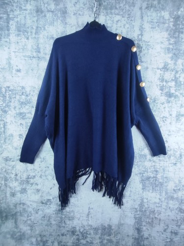 Navy blue fringe poncho - navy,