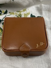VINTAGE tan brown leather jewellery / cufflink box with suede lining travel