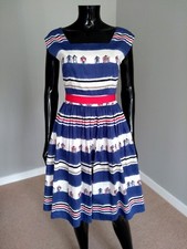 Laura Ashley beach hut midi summer tea swing dress cotton retro sz. 8UK