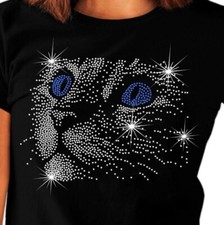Womens Cat Rhinestone T Shirt - Blue Eye Kitten Tabby  Crystal Design - any size