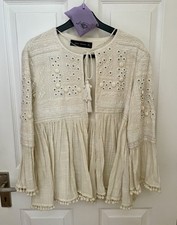Fab *ZARA* Ivory Cotton Tasselled Pom Pom Mirrored Embroidered Gauze Jacket XS