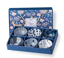 Set of 6 Blue Japanese Chinese Style Rice Bowl Gift Set