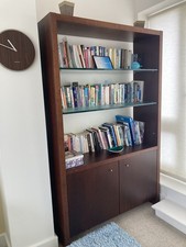 Large Italian Dark Wood Book Case With Two Glass Shelves And Storage Cupboard