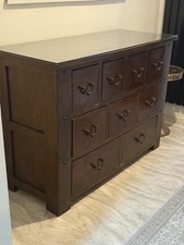 Vintage Solid Wood 9-Drawer Campaign Style Sideboard Dresser Dark Oak Glass Top