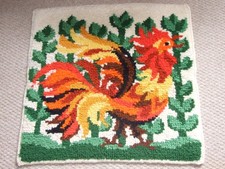 Colourful Vintage Latch Hook Wool Rug Rooster