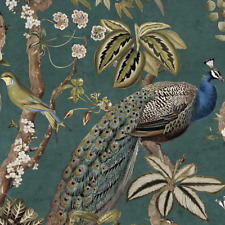 Aqua Blue Peacock Wallpaper Green Woods Floral Design Mulit Birds Feature Office