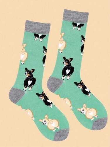 Men green corgi dog socks - green,