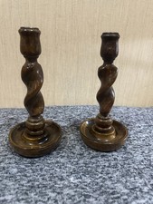 Vintage Pair Of Wooden Walnut Barley Twist Candlestick Holders 22x10cm