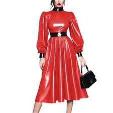 Spliced High Neck Long Sleeve Sissy Dress Latex Look A-line Pleated Midi Dress