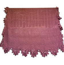 Handmade Vtg Crocheted Bedspread Intricate Floral Edges Full/Queen Dk Rose/Mauve
