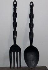 Vintage Extra Large Hand Cared Dark Wooden Fork & Spoon For Wall Hanging - 66cm