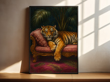 Tiger On Pink Chaise Art Print
