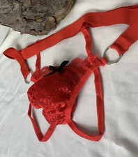 Open Booty Male Lacy Red Panties With Black Bow & Steel Circular Ring Detailing