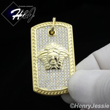 925 STERLING SILVER ICY BLING CUBIC ZIRCONIA GOLD PLATED 3D DOG TAG PENDANT*G113