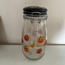 Trick Or Treat Glass  With Ceramic Lid Storage Jar Pumpkin Decoration 9” Tall
