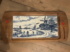 Large Heavy Wooden Serving Board Inset Delft Blue Tiles Charcuterie Cottagecore 