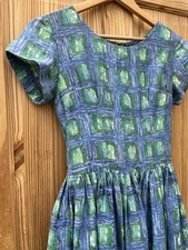 Vintage 1950s Dress. Fabulous Abstract Blues and Greens Grid Print. S