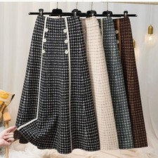 Women Check Knitted Pleated Midi Skirt Elastic High Waist A-line Grid Skirt