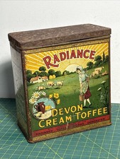 Vintage RADIANCE Devon Cream Toffee Tin with Hinged Lid. Advertising Sweet Tin