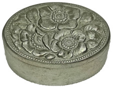 Vintage Cellini Pewter Oval Snuff Case Trinket Box Pillbox Flowers Floral Signed