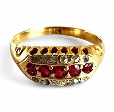 Antique Ruby Ring 18ct Gold Size P Rose Cut Diamond Edwardian and Three Row Band