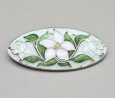 White Daffodil Oval Pin Brooch American Silver and Genuine Cloisonne Enamel