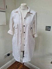 Zara White Long Shirt Dress Size 8 100% Cotton 2 Side Pockets Very Good Cond