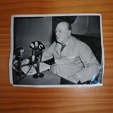 1945 Winston Churchill Original WWII Press Photo Stamp BBC Microphone Cigar VTG
