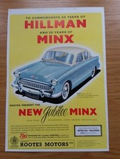 HILLMAN MINX,  ORIGINAL MAGAZINE, ADVERTISING, POSTER.