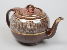 Large 3 Pint Patent Brown Betty Teapot Brown Mottled Glaze Blue 'Seaweed' Band