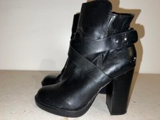 LADIES BLACK LEATHER SIDE ZIP UP BLOCK HEEL ANKLE BOOTS UK SIZE 6 EUR 39 BT115