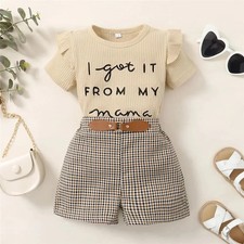 2PCS Toddler Baby Girl Clothing Set Letter Print Short Sleeve Top+Checkered