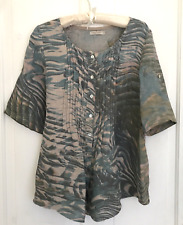 Lina Tomei Top Womens 100% Linen Pin Tuck Roll Tab Patterned Short Sleeve Size S