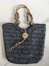 Boho Black Beach Bag Raffia Beaded Straw Woven Tote Festival 
