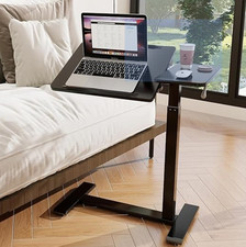 PUNCIA Overbed Table, Black, Wheels, Split Top Tilting Bedside,  69.5-102cm 