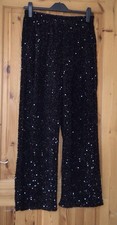 Women’s Black Velvet Sequin Trousers Pockets High Waist Wide Leg Size XXL 16 18