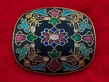 Vintage Cloisonné Enamel Butterfly and Flowers Brooch with Safety Lock on Pin.