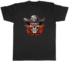 Cowboy Skull Mens T-Shirt Sleketon Head Gothic Flame Tee Gift