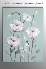 DUCK EGG BLUE & WHITE BUTTERFLY FLOWER PICTURE ZEN CANVAS ART PRINT GREY PETALS