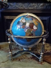 Large Semi Precious Gemstone World Globe on Stand Rotating Globe