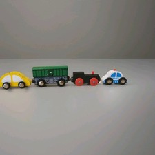 Set 4 Retro Wooden Magnetic Pull Along Toy Vehicles Train Carriage Police Car