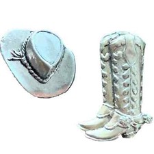 Set Of 2 Cowboy Boots & Hat Stetson Handcrafted From English Pewter Badges-PAG